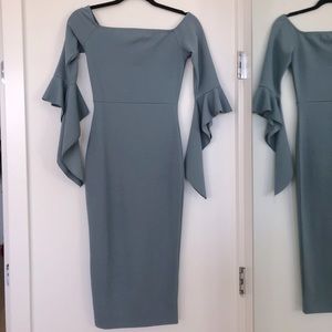 Dusty Blue Midi Dress with Flared Sleeves